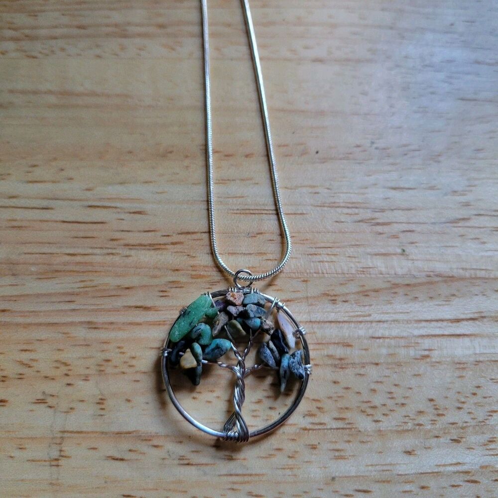 Green Aventurine Tree of Life Stone Pendant with 20" Silver Necklace - Picture 3 of 5